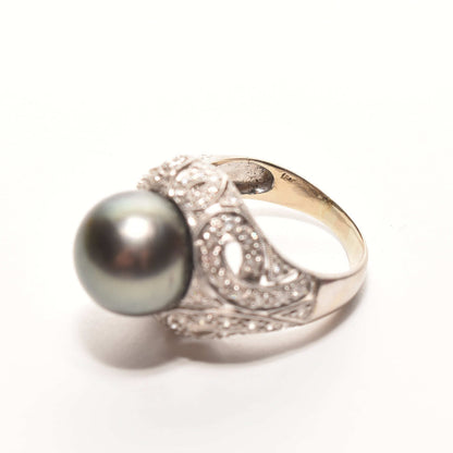 18K Diamond Pave Tahitian Pearl Bombe Ring In White Gold, Estate Jewelry, Size 10 US