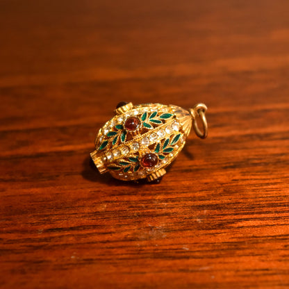 Russian Faberge Egg Charm Pendant, Enamel & Swarovski Crystals, Estate Jewelry, 32mm