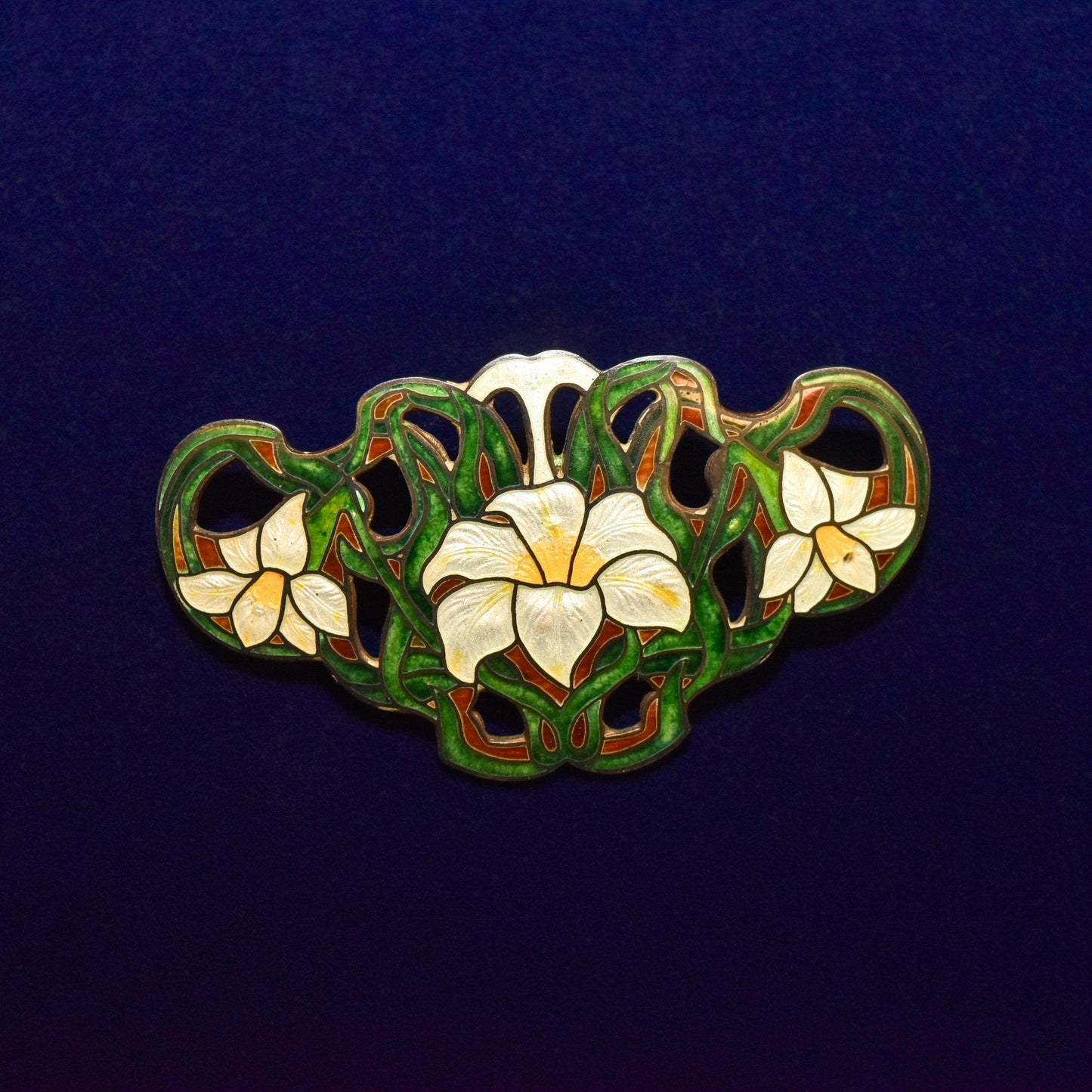 Sheffield Sterling Silver Guilloche Enamel Lily Brooch, Art Nouveau Jewelry, Valentines Day Gift, 2.875"