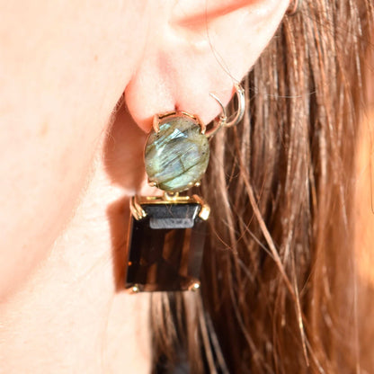 Labradorite & Smoky Quartz Dangle Earrings, Gilt Bronze/Sterling Silver Omega Backs, Gemstone Jewelry, 40mm