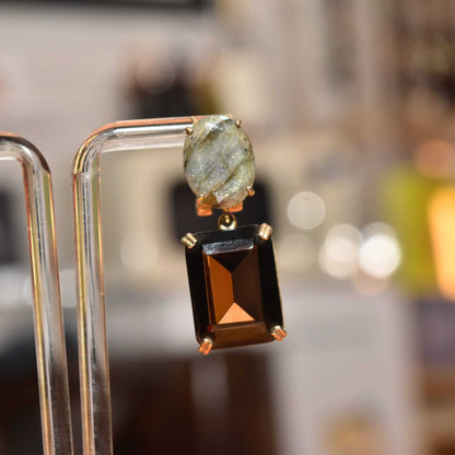 Labradorite & Smoky Quartz Dangle Earrings, Gilt Bronze/Sterling Silver Omega Backs, Gemstone Jewelry, 40mm