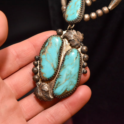 Native American Turquoise Pendant Necklace In Sterling Silver, Leaf Motifs, Navajo Pearls, 20.5" L