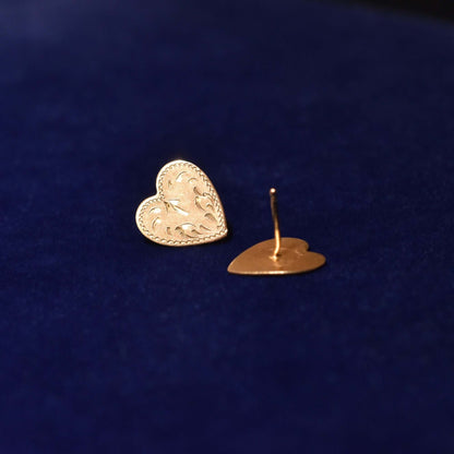 Cute 10K Hand-Etched Heart Stud Earrings, Dainty Yellow Gold Earrings, Valentines Day Gift, 11mm