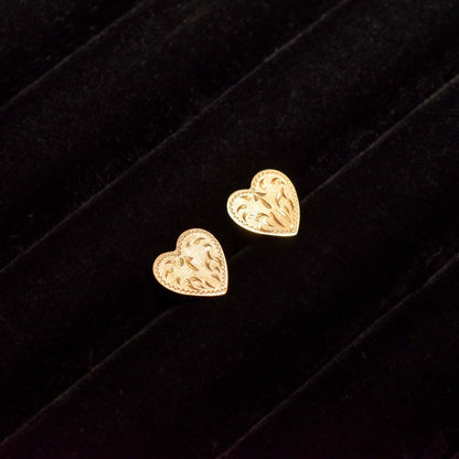 Cute 10K Hand-Etched Heart Stud Earrings, Dainty Yellow Gold Earrings, Valentines Day Gift, 11mm