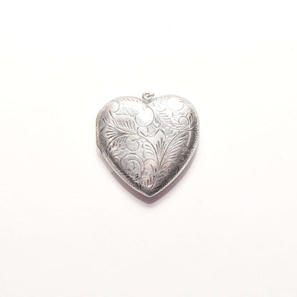 Large Engraved/Etched Sterling Silver Heart Locket, 2 Picture Windows W/ Cover, Estate Jewelry, 6cm