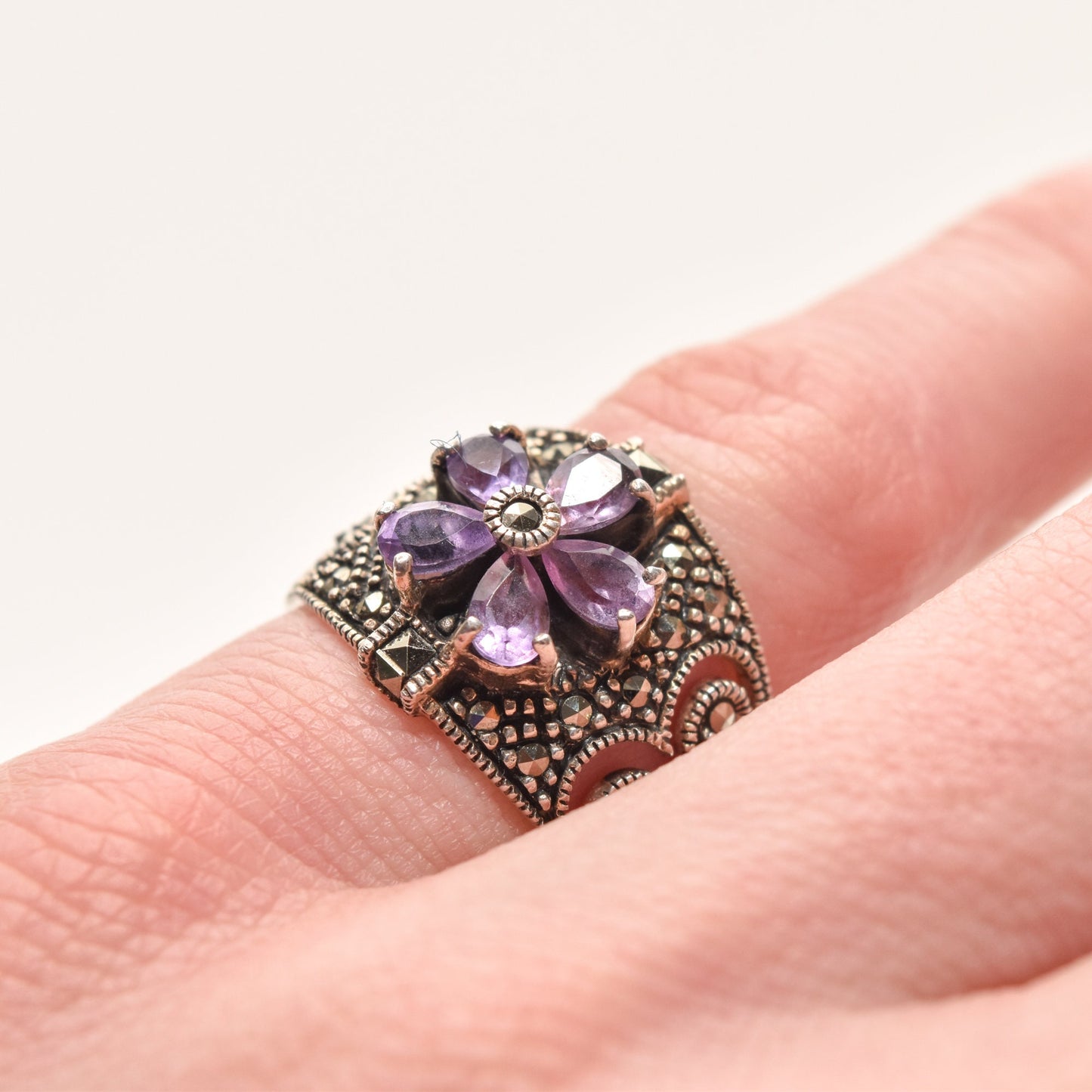 Sterling Silver Amethyst Marcasite Flower Band Ring, February Birthstone, Valentines Day Gift, Size 5 3/4 US