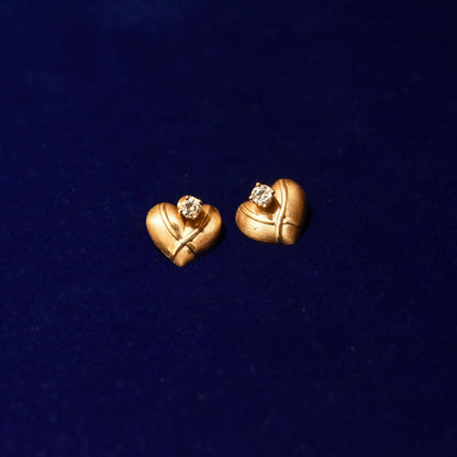 10K CZ Diamond Heart Stud Earrings In Yellow Gold, Removable Studs, Valentines Day Gift, 11mm