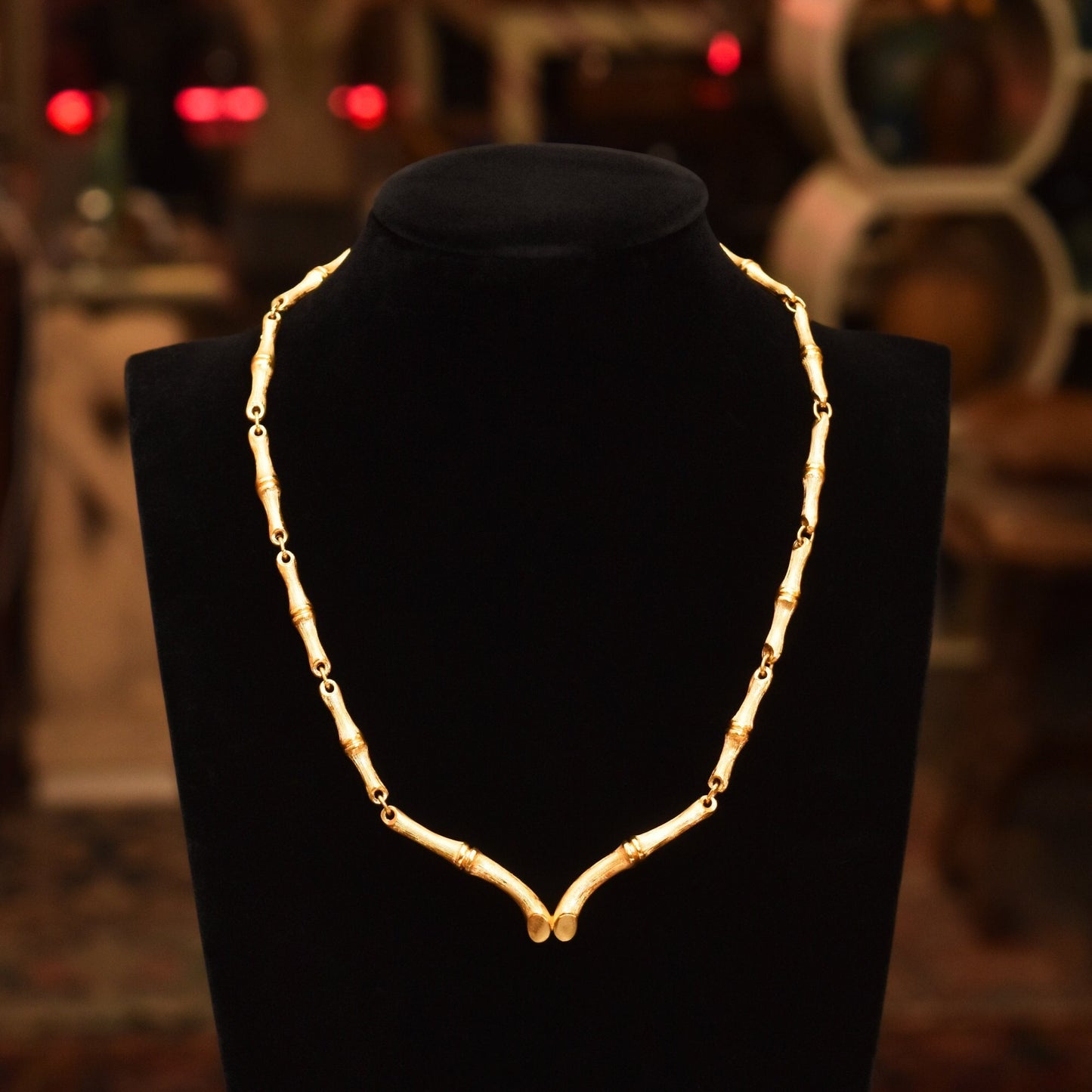 Vintage 1960's Crown Trifari Bamboo Link Gold-Tone Necklace, Valentines Day Gift, 16.5" L