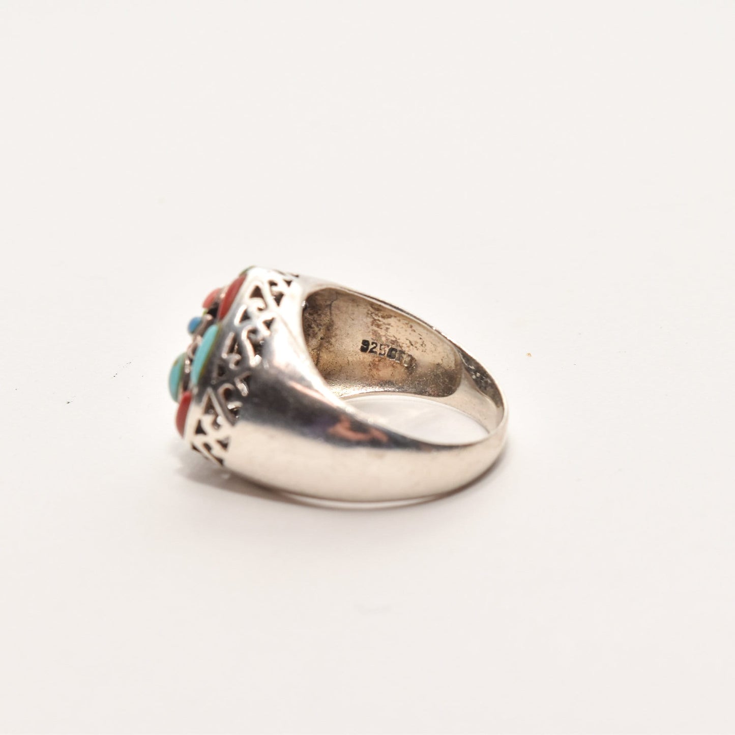 Multi-Stone Heart Ring In Sterling Silver, Turquoise, Coral, Gaspeite, Valentines Day Gift, 7 3/4 US