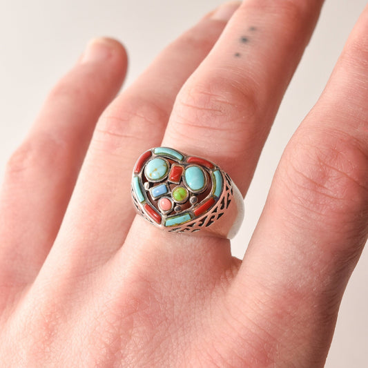 Multi-Stone Heart Ring In Sterling Silver, Turquoise, Coral, Gaspeite, Valentines Day Gift, 7 3/4 US
