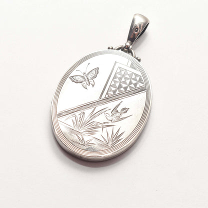 1879 Hallmarked Victorian Sterling Silver Engraved Locket, Butterfly & Bird Scene, Valentines Day Gift