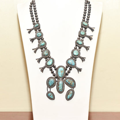 Native American Turquoise Squash Blossom Necklace, Naja Pendant, Navajo Pearls, Old Pawn Jewelry, 26" L