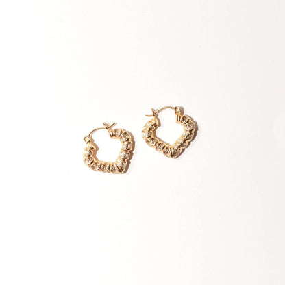 14K Textured Heart-Shaped Hoops In Yellow Gold, Cute Small Gold V-Shaped Earrings, Valentines Day Gift