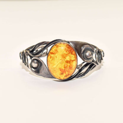 Beautiful Sterling Silver Amber Cuff, Art Nouveau Style, Valentines Day Gift, 5.875"