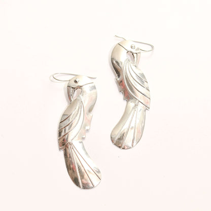 Eclectic Sterling Silver Parrot Dangle Earrings, Long Silver Earrings, Valentines Day Gift, 3.5" L