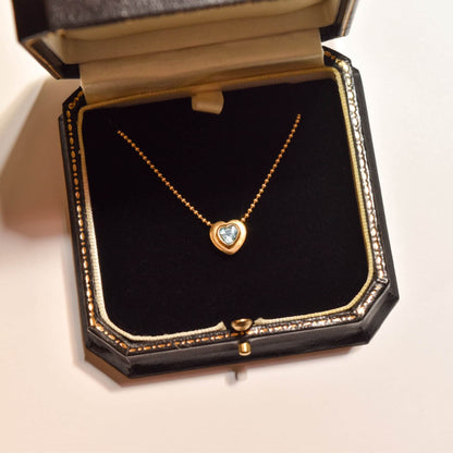 18K Aquamarine Heart Pendant Necklace, Yellow Gold Ball Chain, Valentines Day Gift, 16.75"