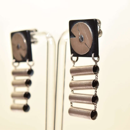 Abstract Modernist Ladder Earrings, Black Composite & Silver Pierced Dangle Earrings, 47.5mm