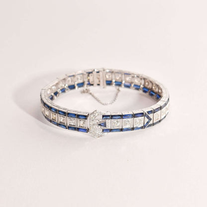 Art Deco Platinum Natural Diamond & Synthetic Sapphire Belt Buckle Link Bracelet, Estate Jewelry, 7.25"
