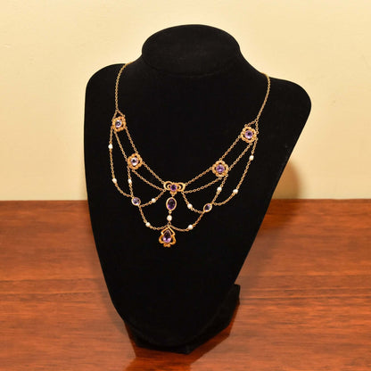Art Nouveau 14K Amethyst & Pearl Festoon Necklace, Estate Jewelry, 15.25" L