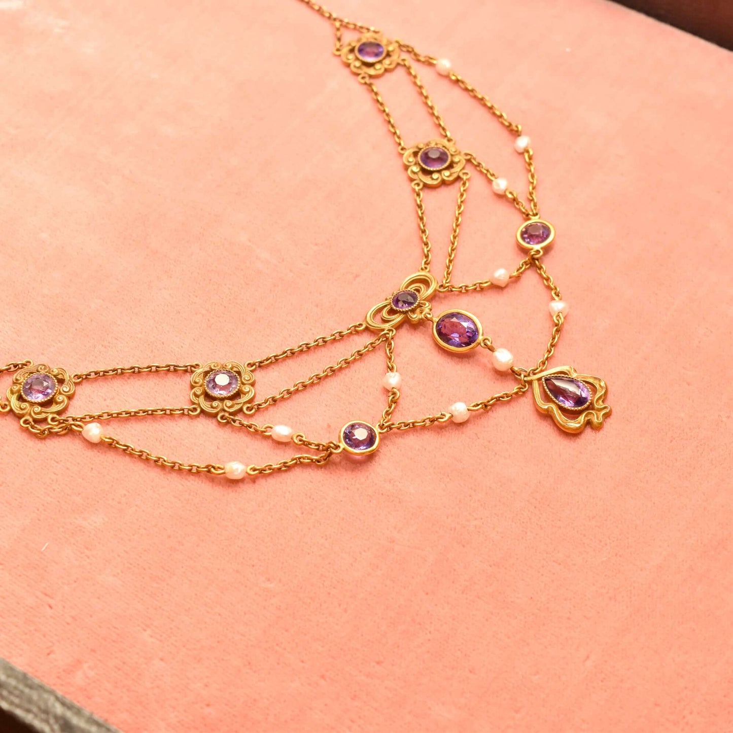 Art Nouveau 14K Amethyst & Pearl Festoon Necklace, Estate Jewelry, 15.25" L