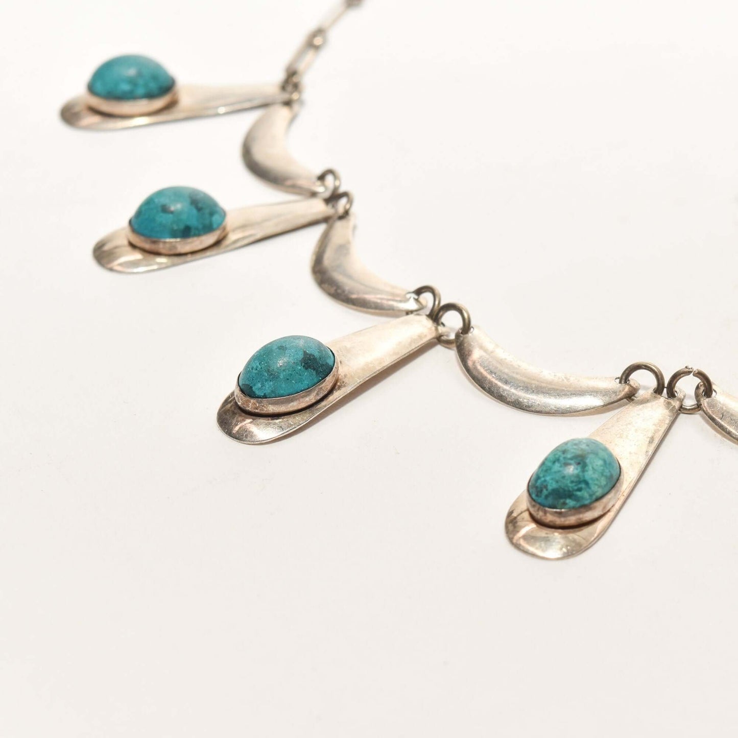 Israeli Sterling Silver Turquoise Festoon Necklace, Piano Key Pendant, Gemstone Jewelry, 19" L