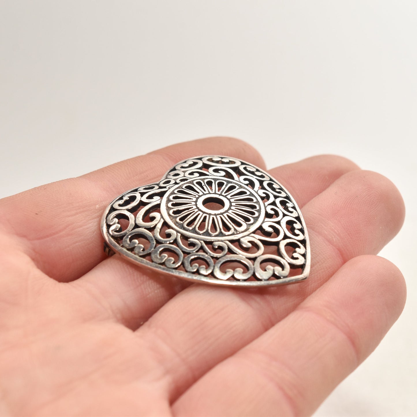 Ornate Sterling Silver Filigree Heart Brooch, Cute Openwork Heart Pin, Valentines Day Gift, 1.5"