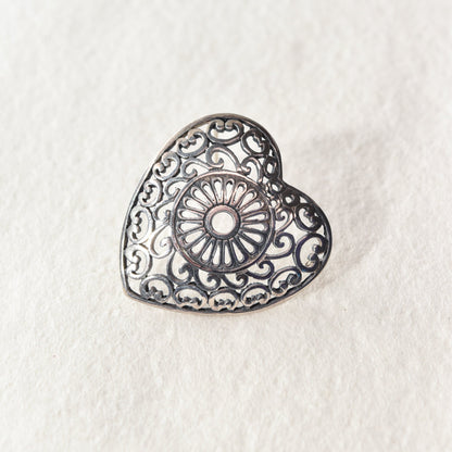 Ornate Sterling Silver Filigree Heart Brooch, Cute Openwork Heart Pin, Valentines Day Gift, 1.5"