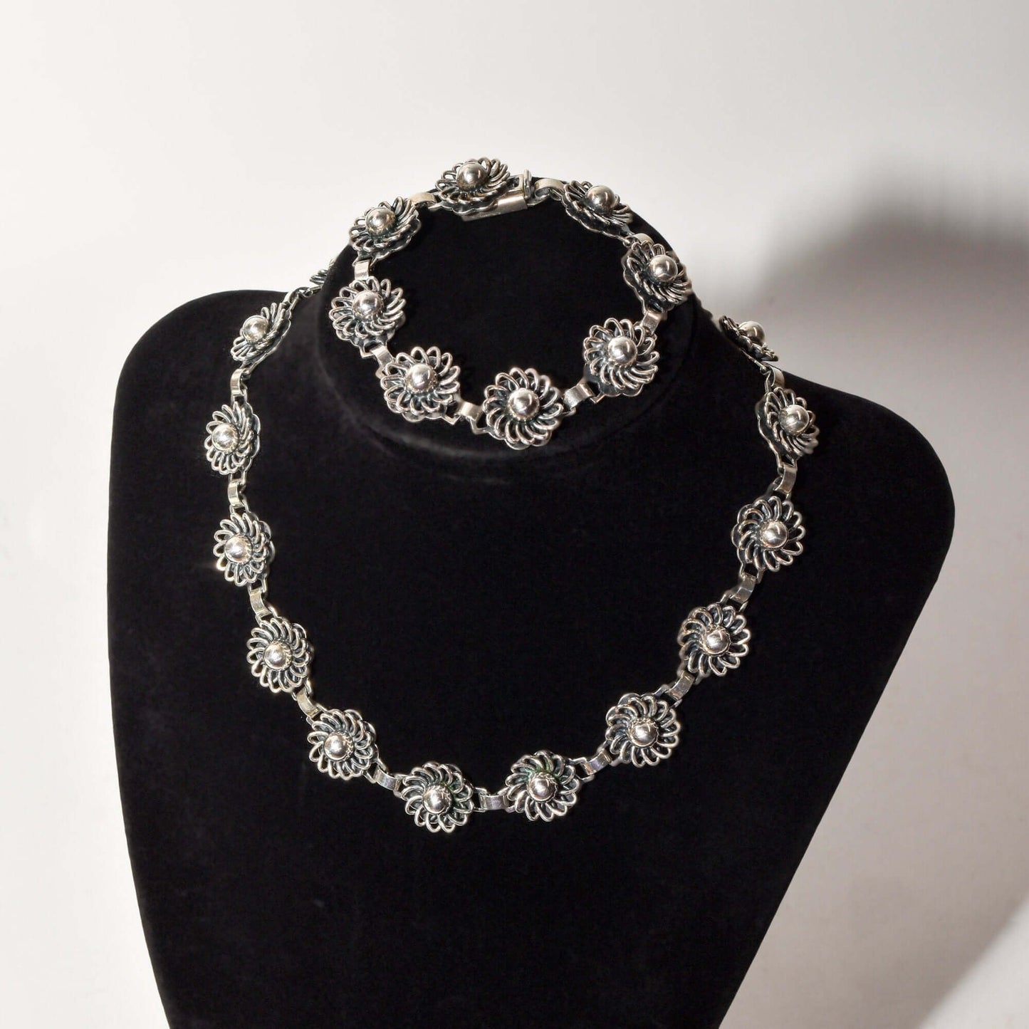 1950's Danish Sterling Silver Flower Link Necklace & Bracelet Set By John Lauritzen