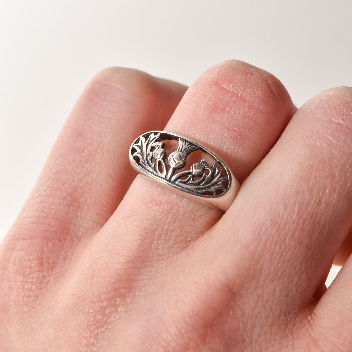 Sterling Silver Scottish Thistle Ring, Openwork Design, Cute Silver Stacking Ring, Size 7 US