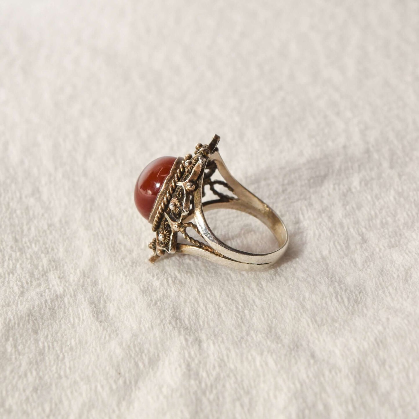 Carnelian Cannetille Flower Ring In Sterling Silver, Ornate Filigree, Middle Eastern Jewelry, 7 1/4 US