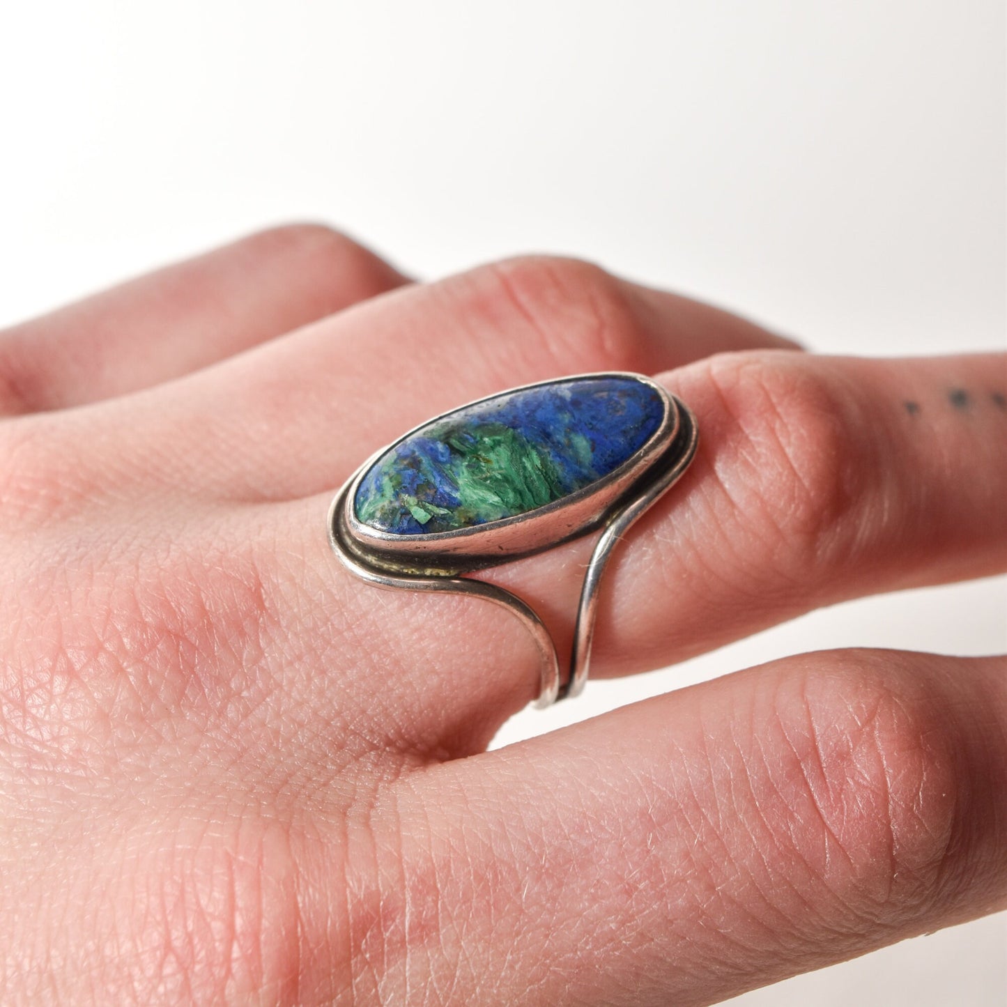 Modernist Sterling Silver Azurite Ring, Gemstone Jewelry, Size 7 1/2 US