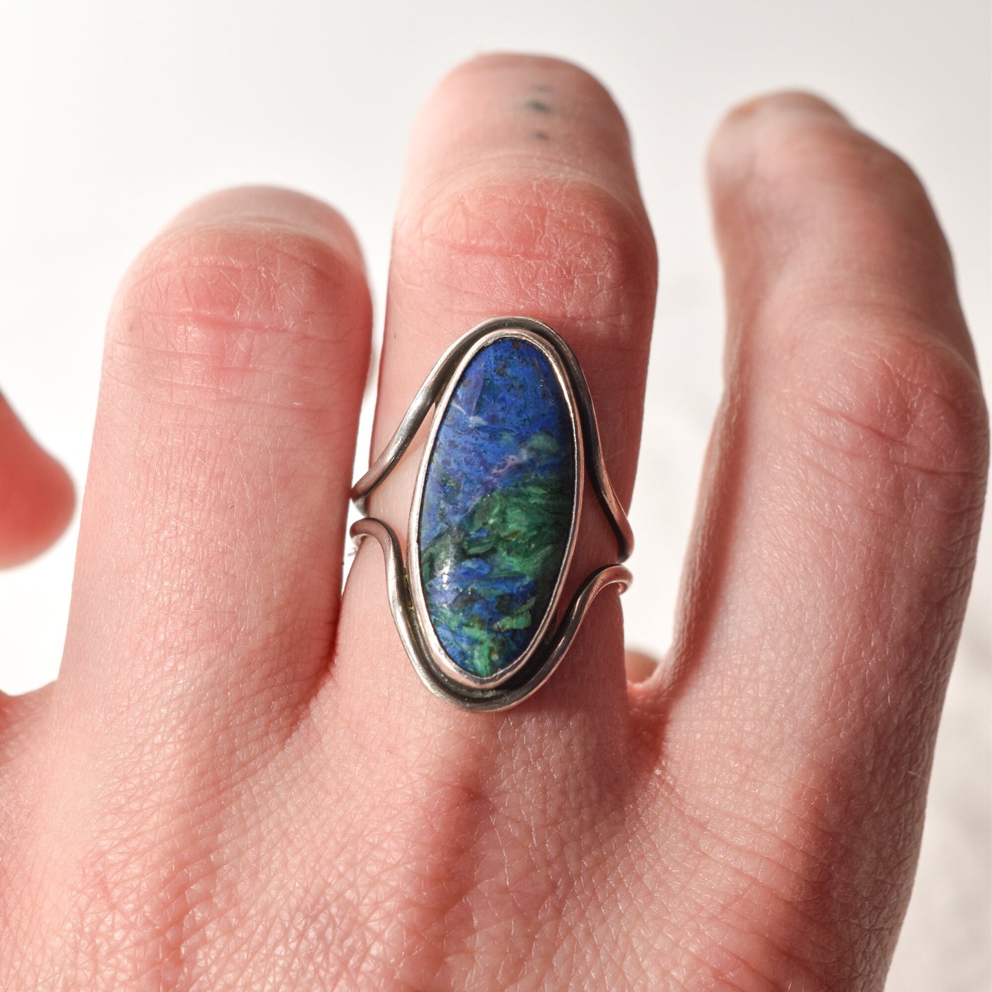 Modernist Sterling Silver Azurite Ring, Gemstone Jewelry, Size 7 1/2 US