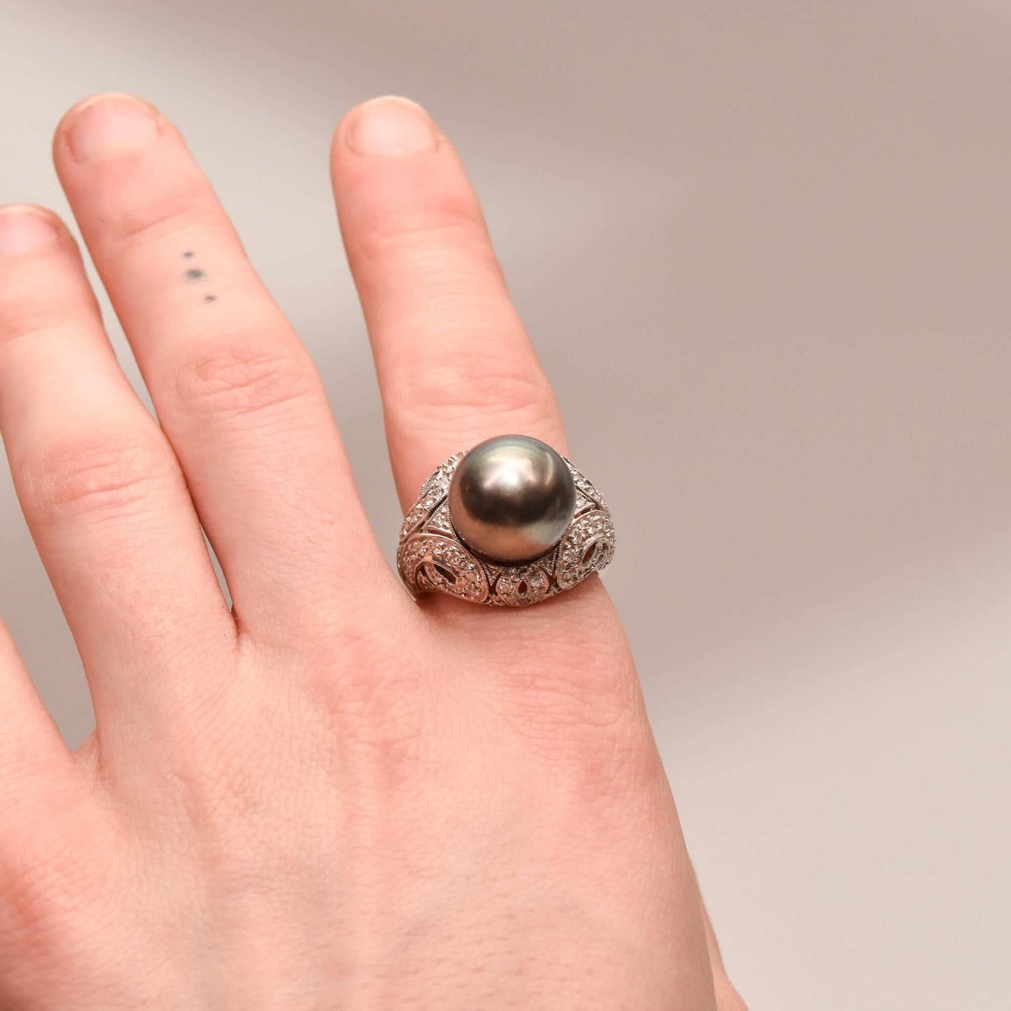 18K Diamond Pave Tahitian Pearl Bombe Ring In White Gold, Estate Jewelry, Size 10 US