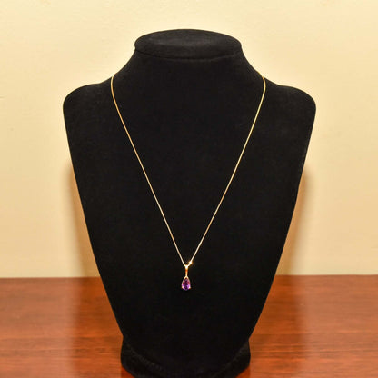 Italian 14K Amethyst Teardrop Pendant Necklace, February Birthstone, Estate Jewelry, 18.5" L