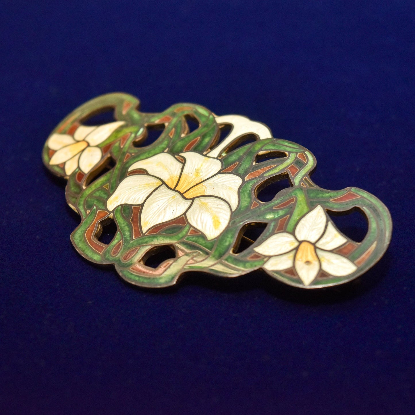 Sheffield Sterling Silver Guilloche Enamel Lily Brooch, Art Nouveau Jewelry, Valentines Day Gift, 2.875"