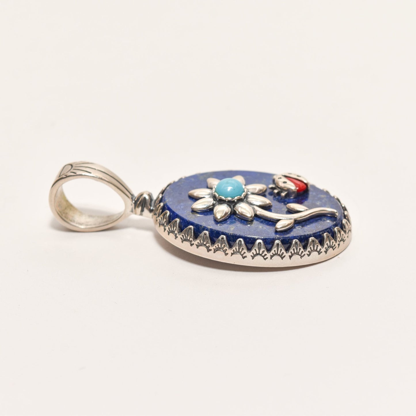 Sterling Silver Lapis Lazuli, Turquoise, Coral, Flower Ladybug Pendant, Veronica Dine For Carolyn Pollack