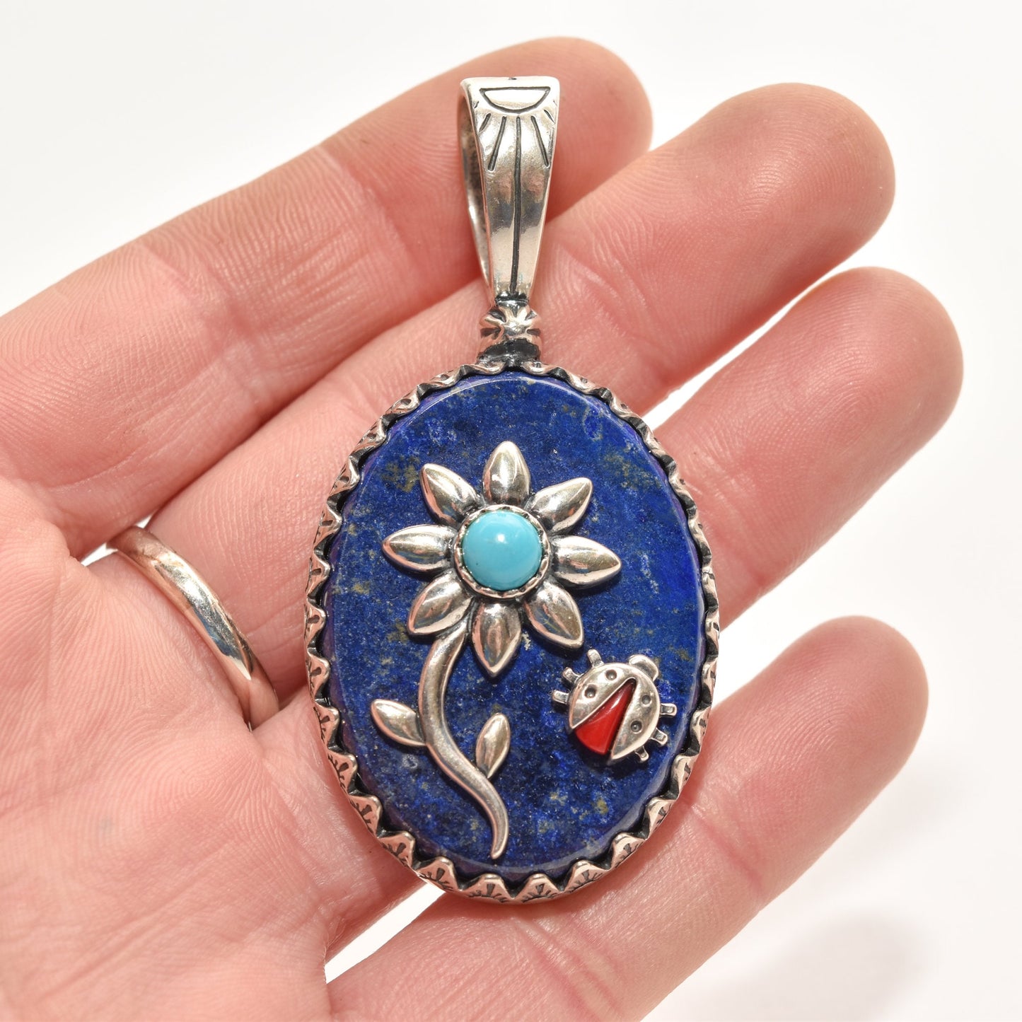 Sterling Silver Lapis Lazuli, Turquoise, Coral, Flower Ladybug Pendant, Veronica Dine For Carolyn Pollack
