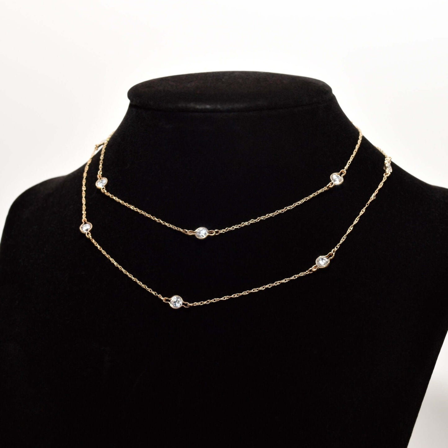 CZ Diamond Station Necklace In 14K Yellow Gold, Bezel Strand Loose Rope Chain, Estate Jewelry, 24" L