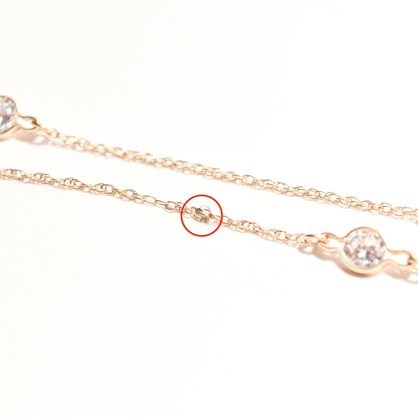 CZ Diamond Station Necklace In 14K Yellow Gold, Bezel Strand Loose Rope Chain, Estate Jewelry, 24" L