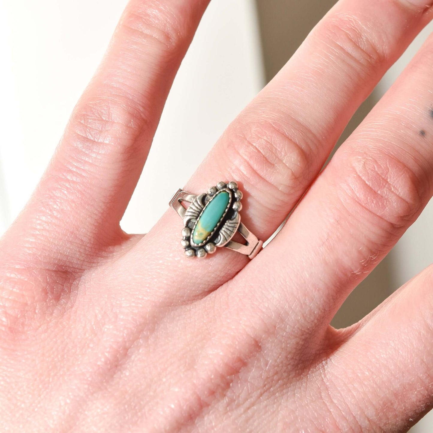 Cute Minimalist Sterling Silver Turquoise Ring, Southwestern Jewelry, Native American, Size 7 US