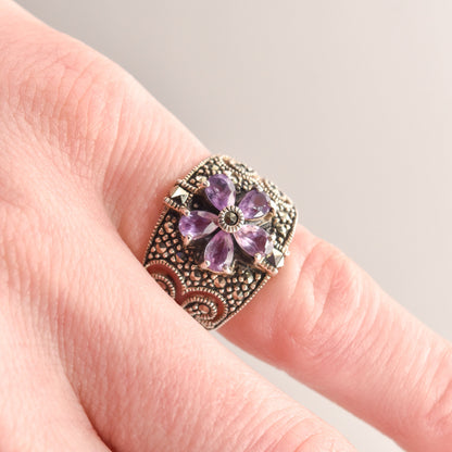 Sterling Silver Amethyst Marcasite Flower Band Ring, February Birthstone, Valentines Day Gift, Size 5 3/4 US