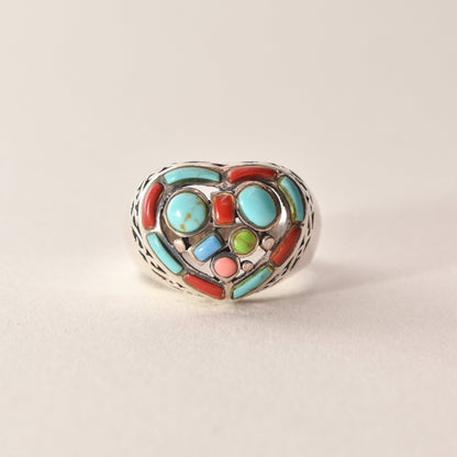 Multi-Stone Heart Ring In Sterling Silver, Turquoise, Coral, Gaspeite, Valentines Day Gift, 7 3/4 US