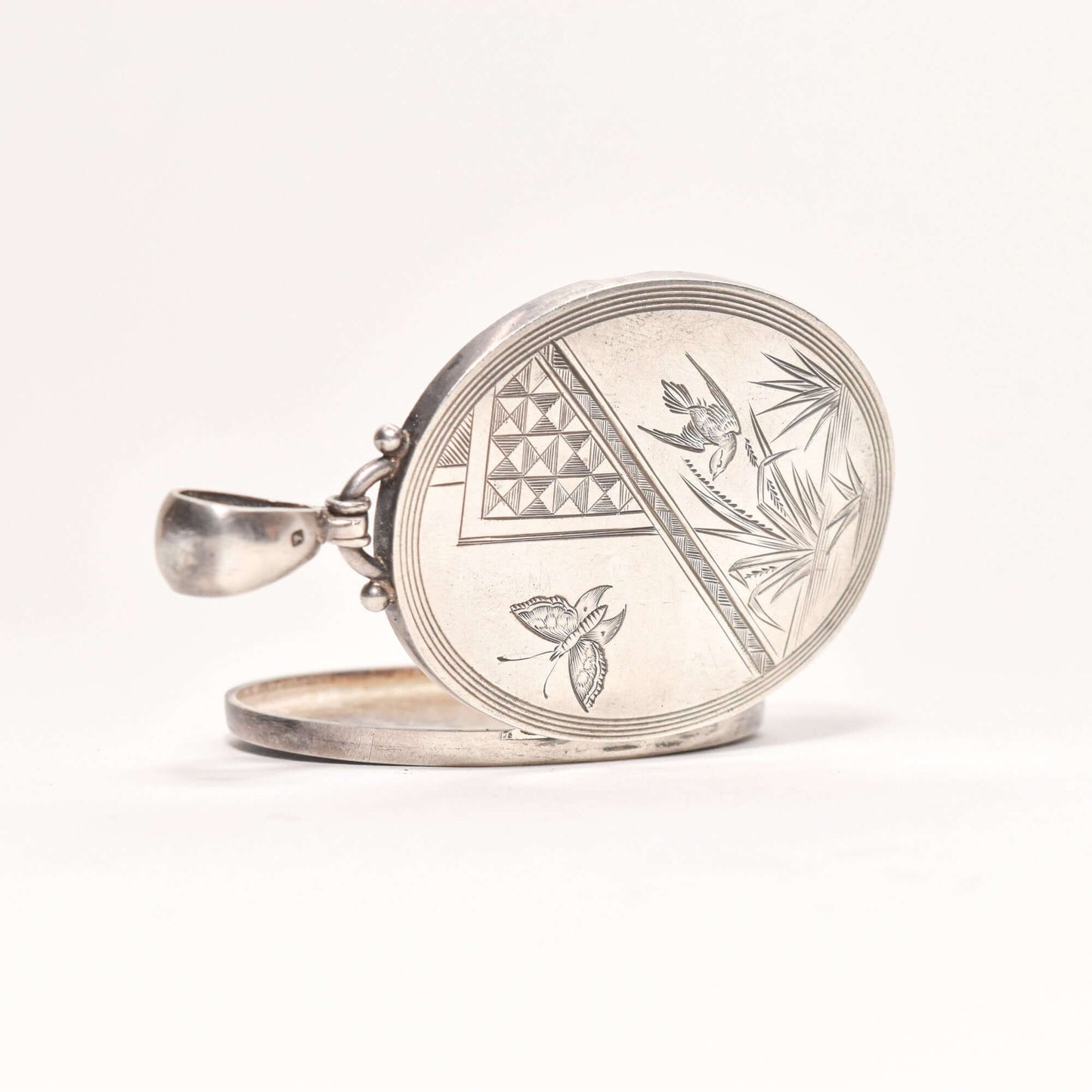 1879 Hallmarked Victorian Sterling Silver Engraved Locket, Butterfly & Bird Scene, Valentines Day Gift