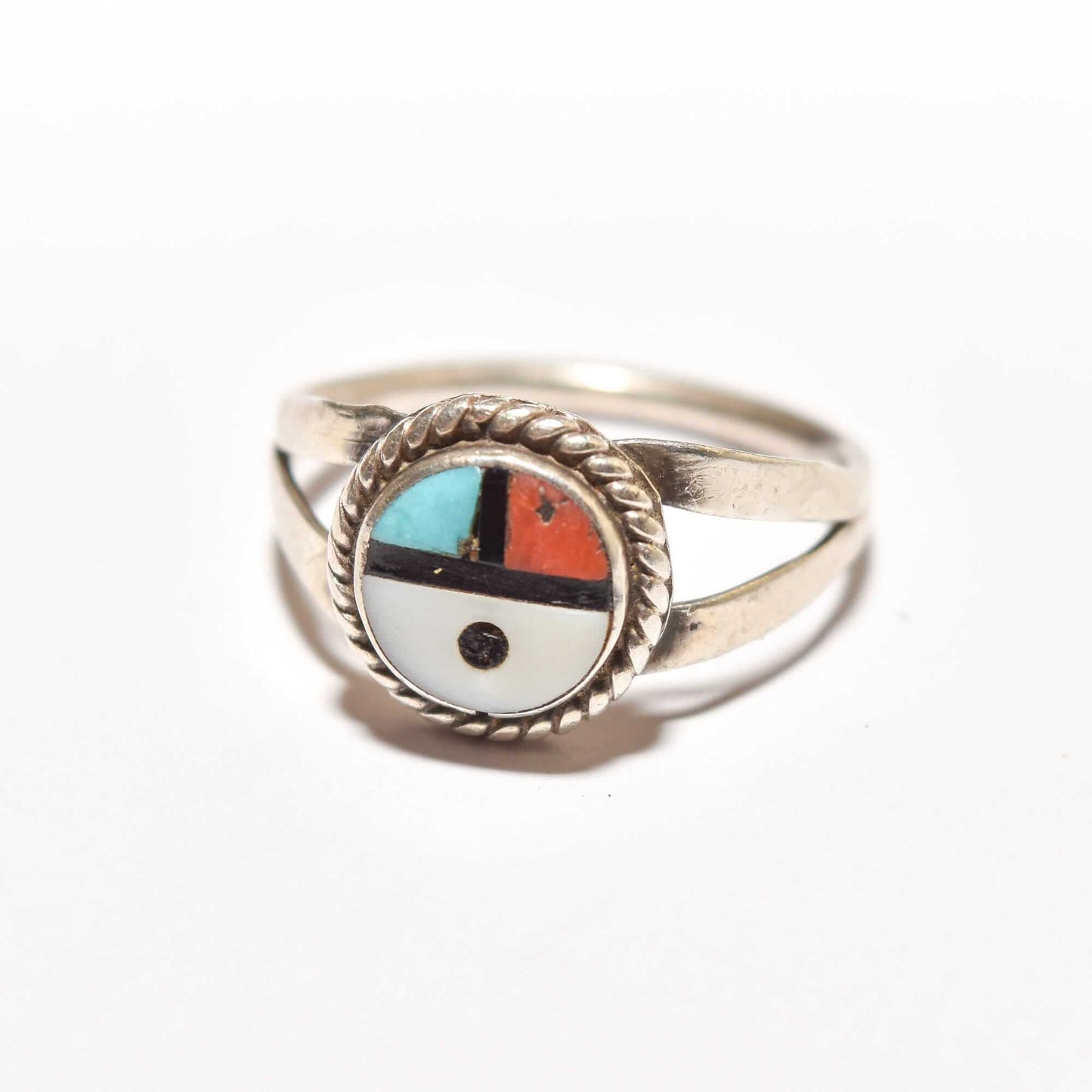 Little Zuni Sun Face Ring in Sterling Silver, Native American Handcrafted Jewelry, Multicolored Enamel Stacking Ring, Size 5.25 US