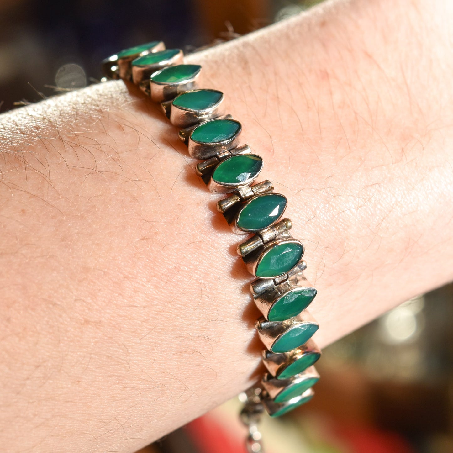Sterling Silver Emerald Green Marquise Tennis Bracelet, Vibrant Green Gemstones, Adjustable Bracelet, 6.25" - 7.75"
