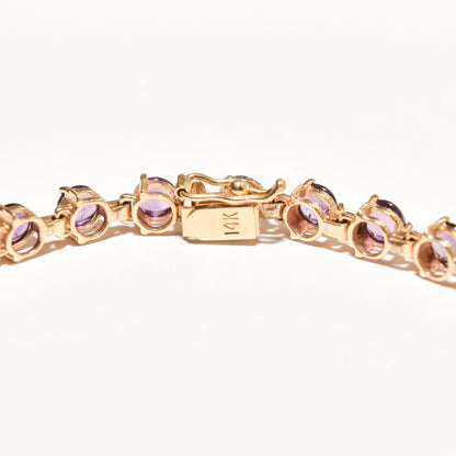 Modernist 14K Amethyst Cabochon Tennis Bracelet In Yellow Gold, Estate Jewelry, 7" L