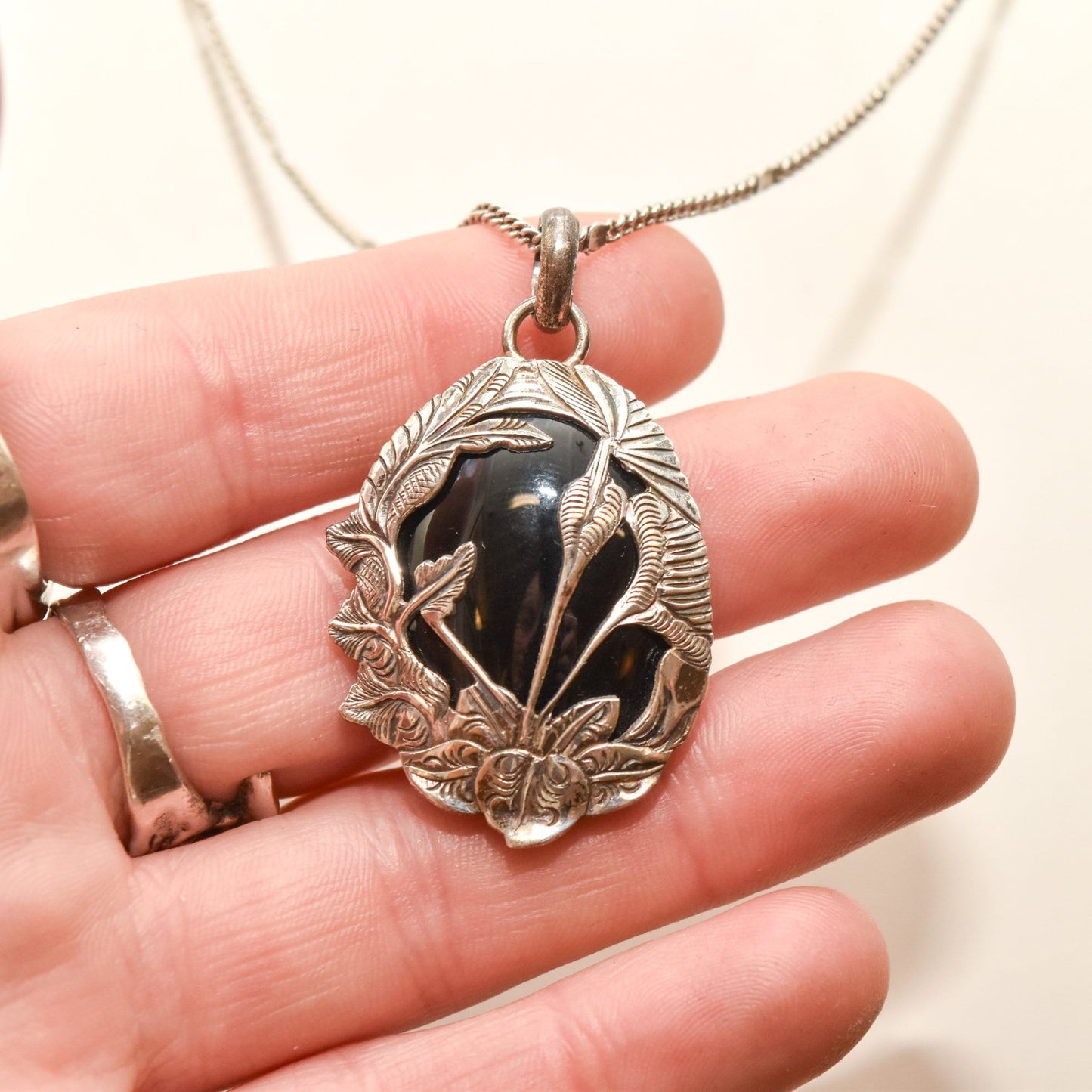 Sterling Silver Black Onyx Pendant Necklace, Beautiful Leaf Motifs, Valentines Day Gift, 30.75" L