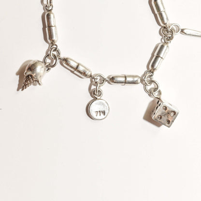 Damien Hirst Style Sterling Silver Pill Link "Vices" Charm Bracelet, Estate Jewelry, 8.25"