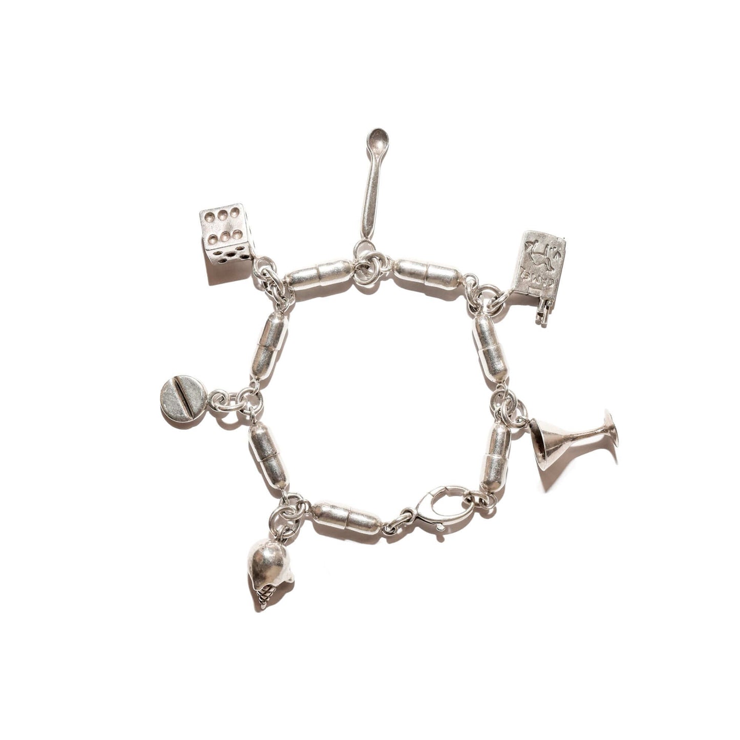 Damien Hirst Style Sterling Silver Pill Link "Vices" Charm Bracelet, Estate Jewelry, 8.25"