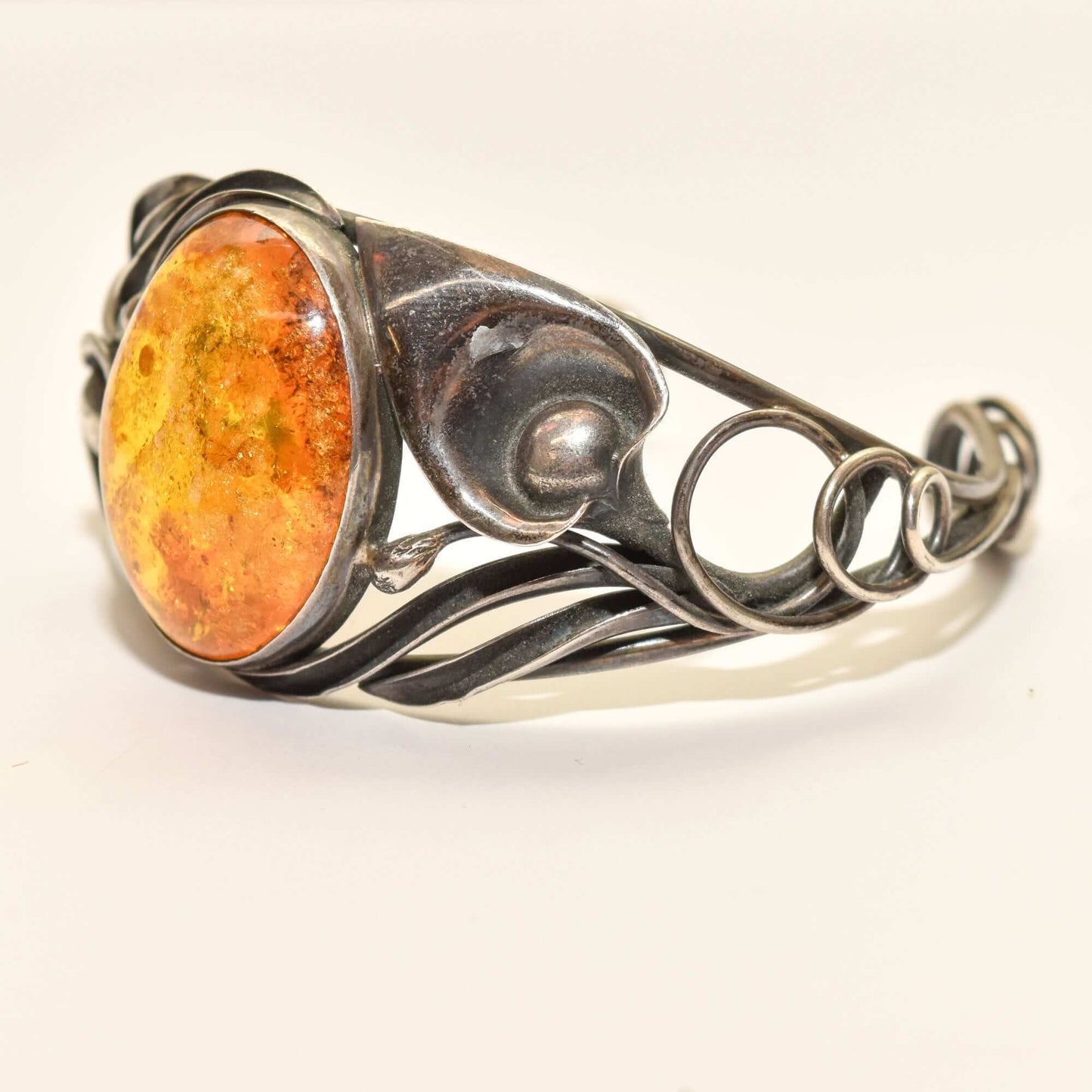 Beautiful Sterling Silver Amber Cuff, Art Nouveau Style, Valentines Day Gift, 5.875"